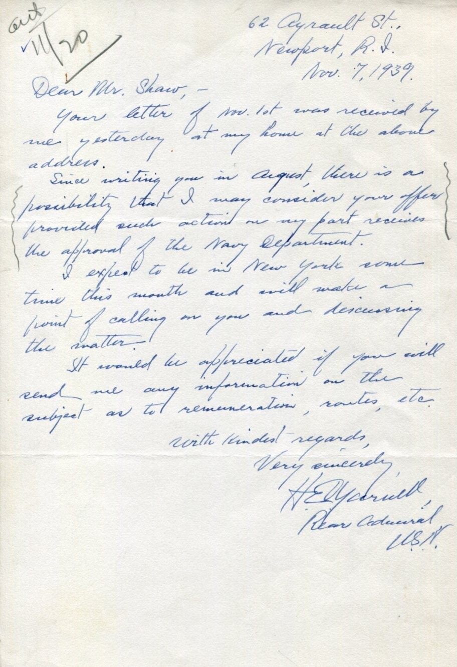 Admiral Harry E. Yarnell WWI WWII Navy Cross USS Connecticut Signed Autograph