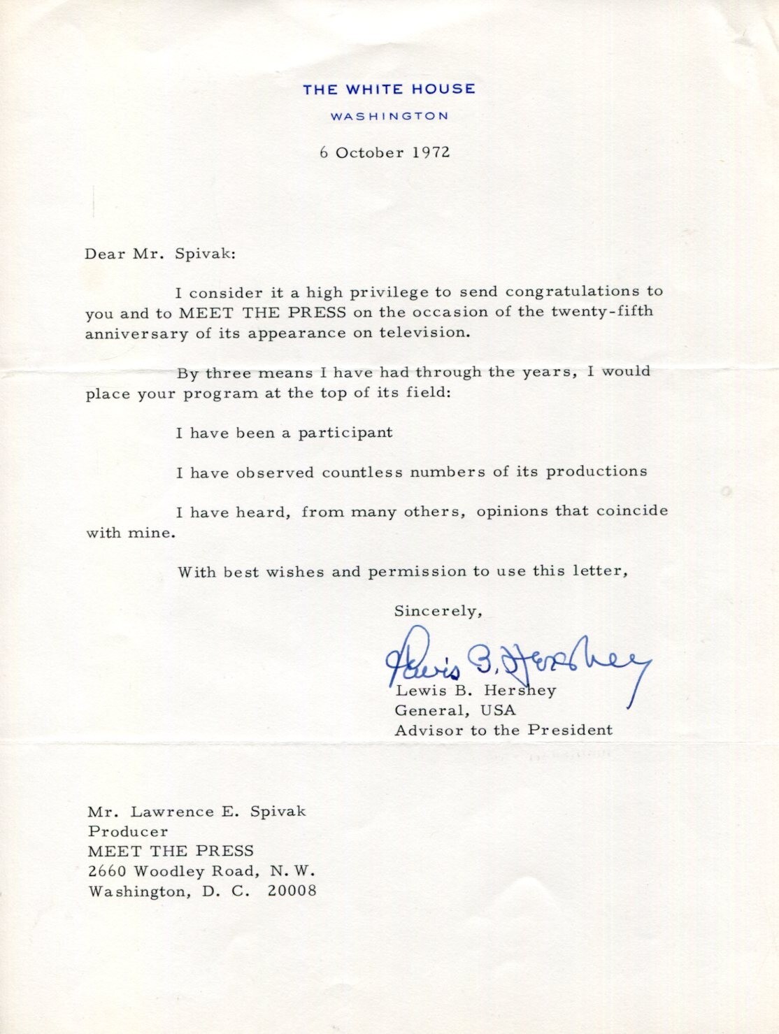 General Lewis Blaine Hershey Selective Service System Director Signed Autograph