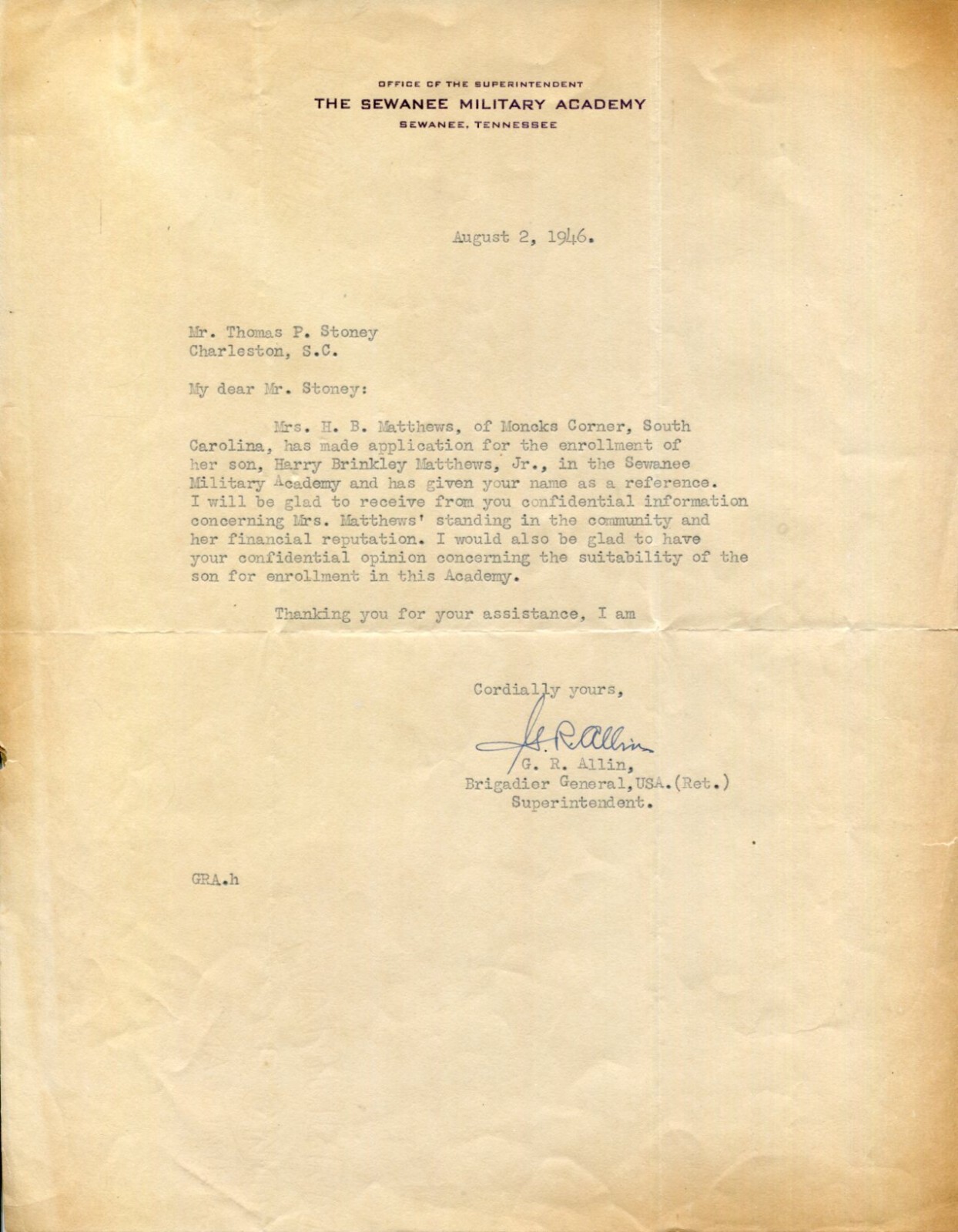 General George R. Allin WWII Field Artillery School Fort Sill Signed Autograph