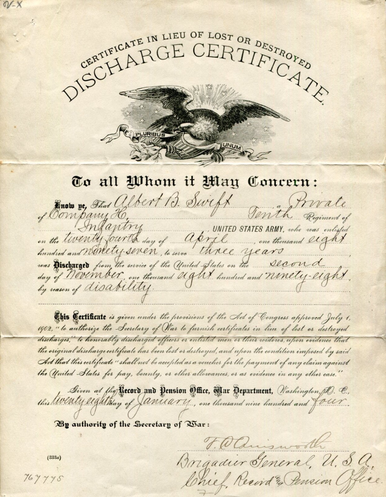 Major General Fred C. Ainsworth Adjutant General US Army Signed Autograph Docume