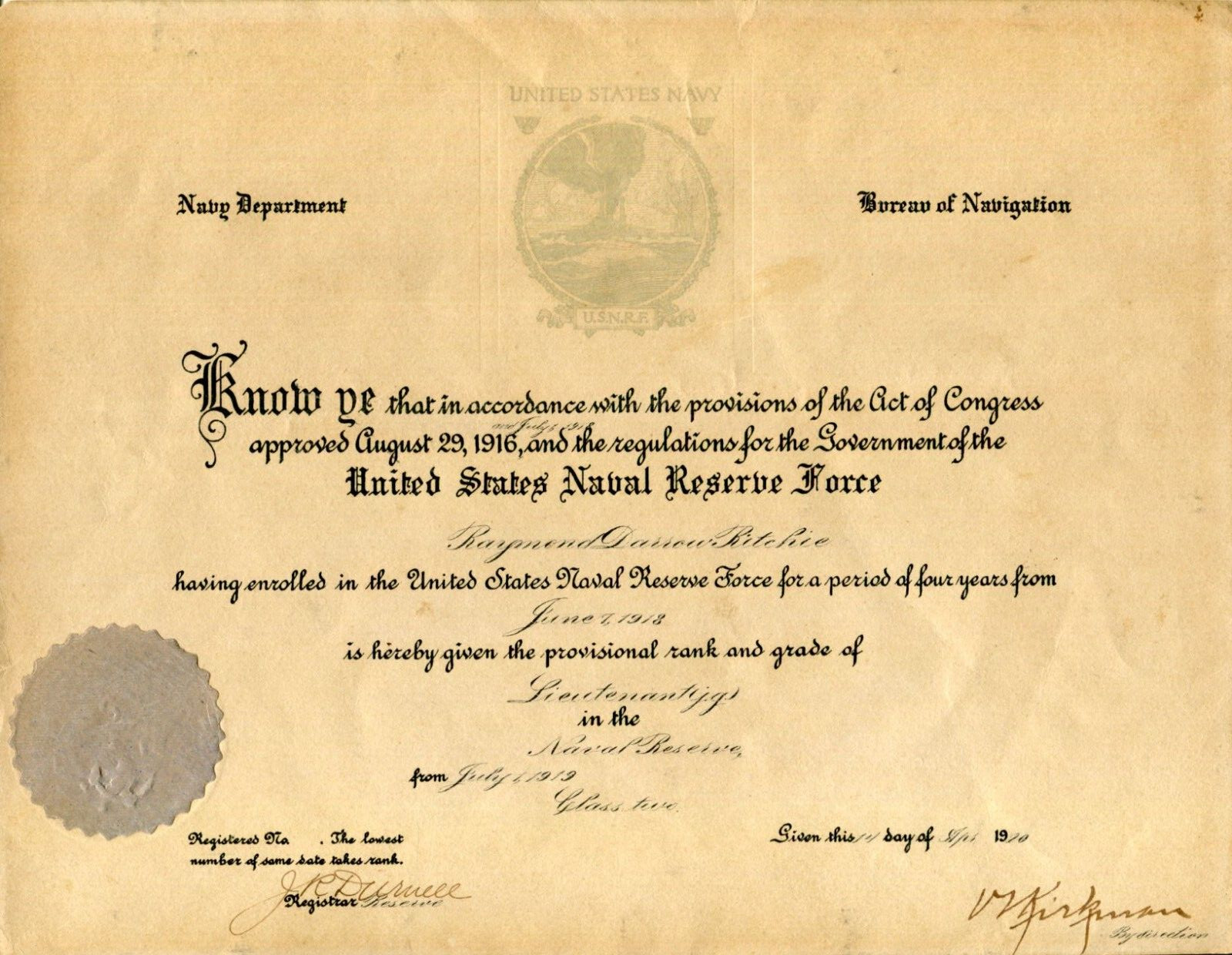 Lt Commander Captain Van Leer Kirkman USS Shaw WWI Navy Cross Signed Autograph