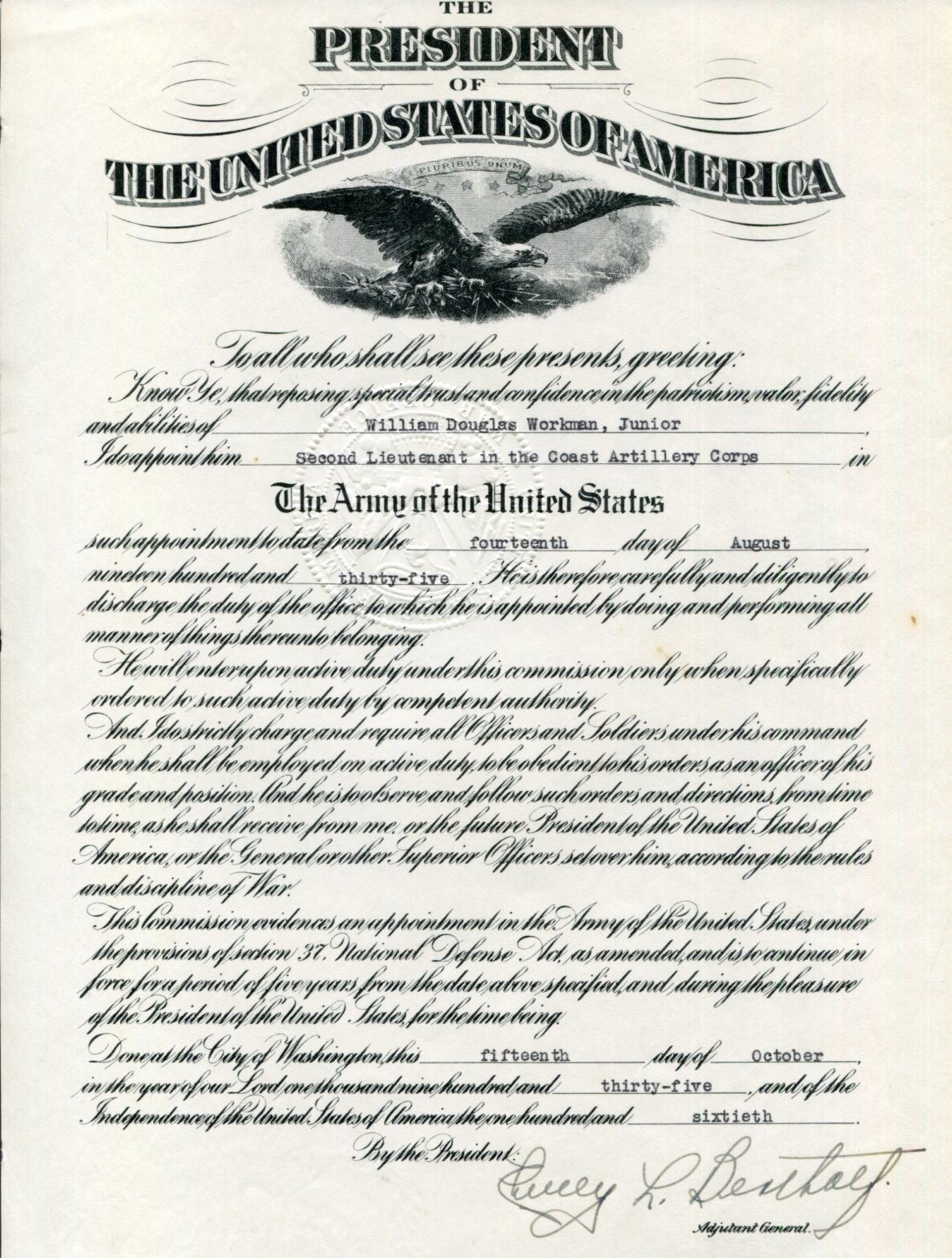 Lt Colonel Cheney L. Bertholf Adjutant General Pearl Harbor Signed Autograph