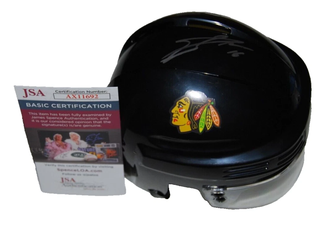 JASON DICKINSON signed (CHICAGO BLACKHAWKS) Mini Hockey Helmet JSA COA AX11692