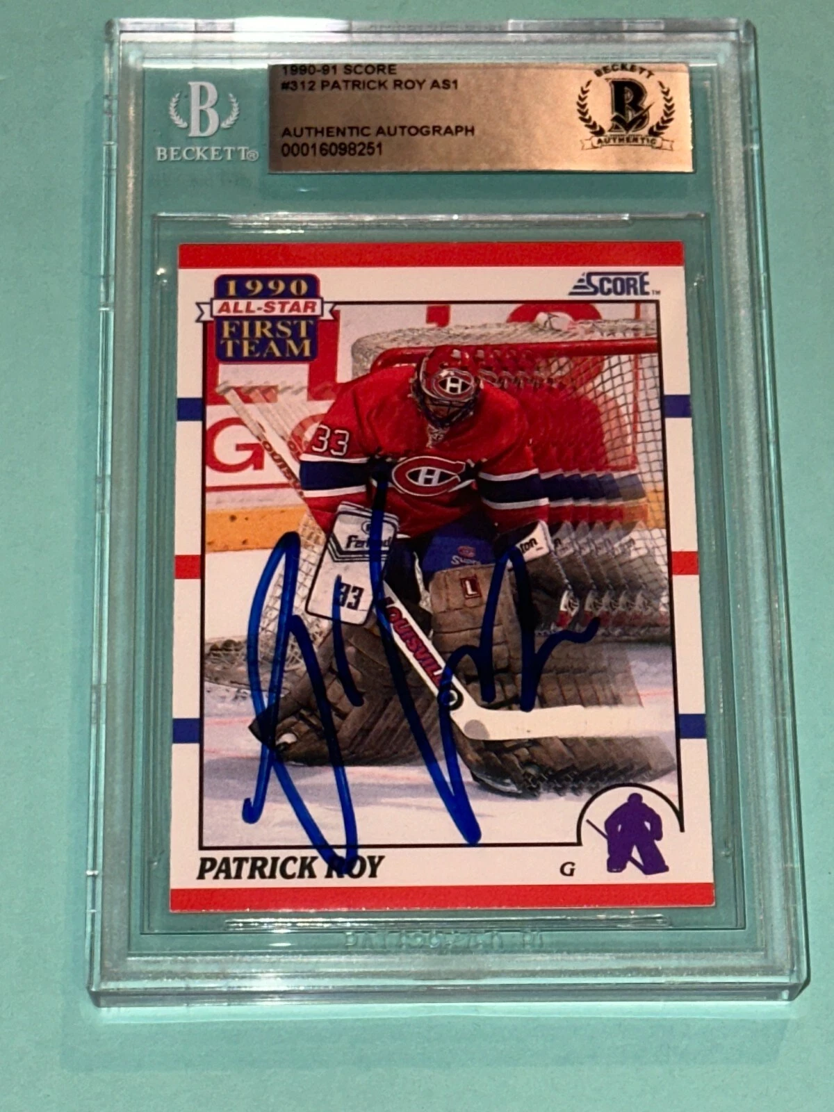 PATRICK ROY AS1 Signed 1990-91 SCORE Card #312 Beckett BAS