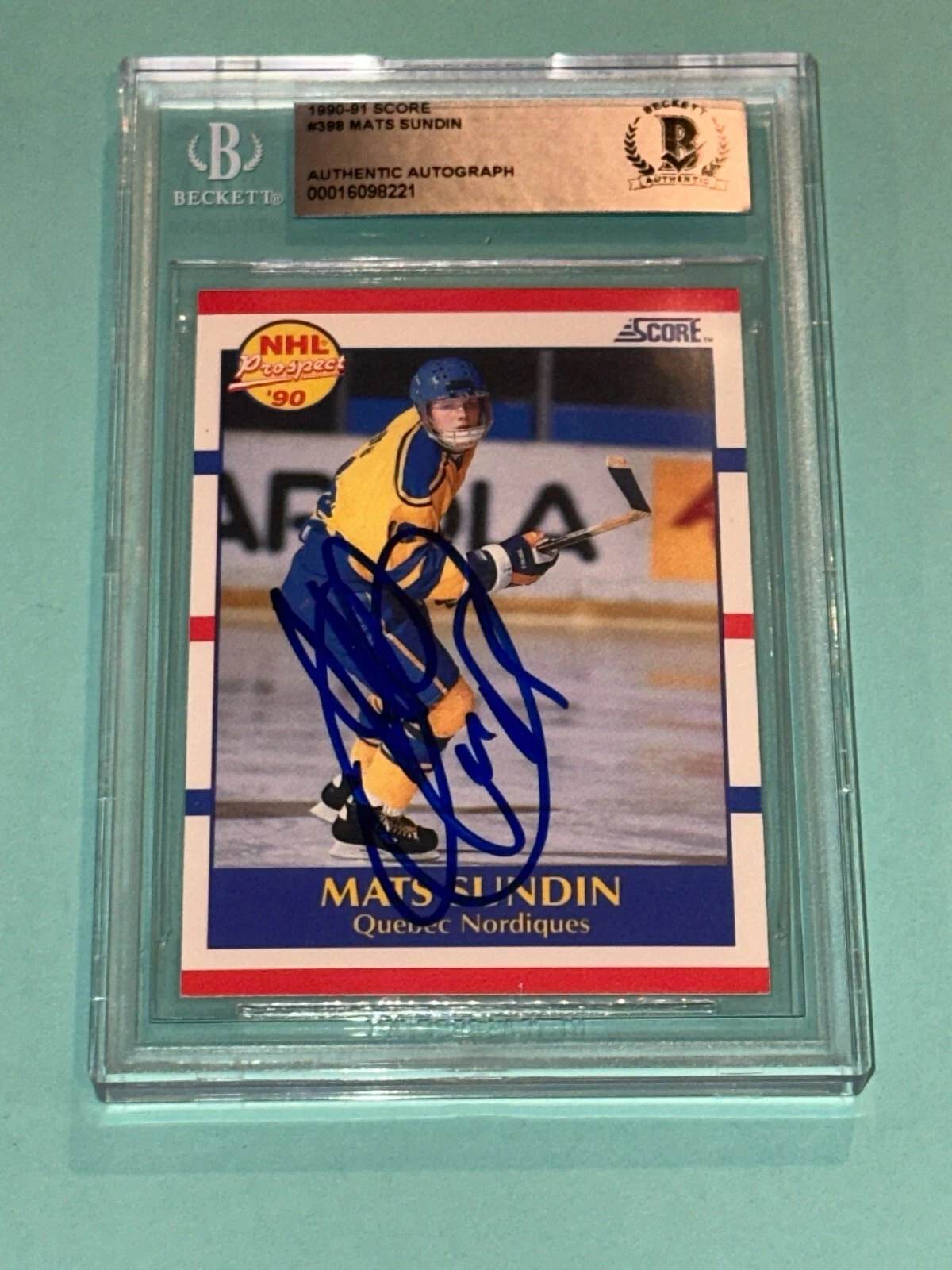 MATS SUNDIN Signed 1990-91 SCORE ROOKIE Card #398 Beckett BAS