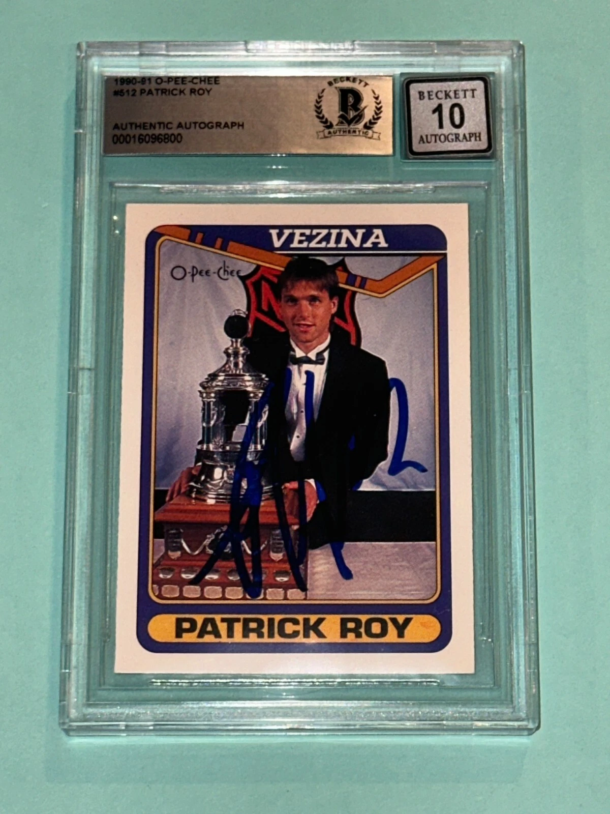 PATRICK ROY Signed 1990-91 O-PEE-CHEE Card #512 Beckett BAS AUTO 10