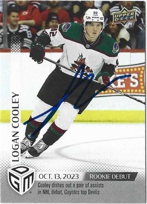 Logan Cooley Signed 2023-24 UD Game Dated Moments Hockey Card #5 Arizona Coyotes