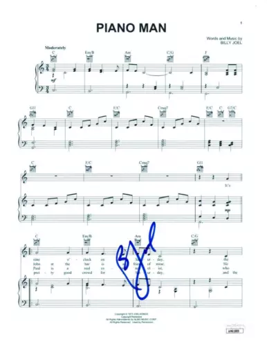 BILLY JOEL SIGNED AUTOGRAPH PIANO MAN SHEET MUSIC – ICONIC SINGER SONGWRITER JSA COLLECTIBLE MEMORABILIA