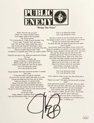 CHUCK D SIGNED AUTOGRAPHED PUBLIC ENEMY BRING THE NOISE LYRIC SHEET JSA COA COLLECTIBLE MEMORABILIA