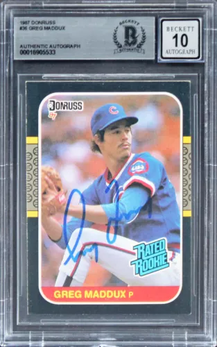 CUBS GREG MADDUX SIGNED 1987 DONRUSS #36 RATED ROOKIE CARD AUTO 10! BAS SLABBED COLLECTIBLE MEMORABILIA