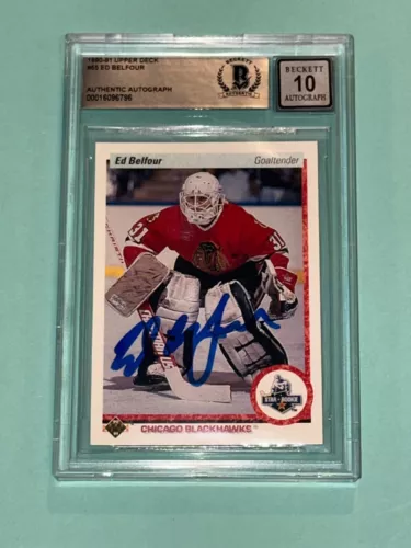 ED BELFOUR SIGNED 1990-91 UPPER DECK ROOKIE CARD #55 BECKETT BAS AUTO 10 COLLECTIBLE MEMORABILIA