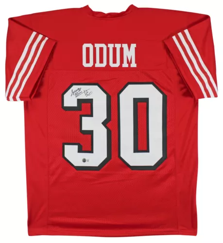 GEORGE ODUM AUTHENTIC SIGNED RED PRO STYLE JERSEY W/ DROPSHADOW BAS WITNESSED COLLECTIBLE MEMORABILIA