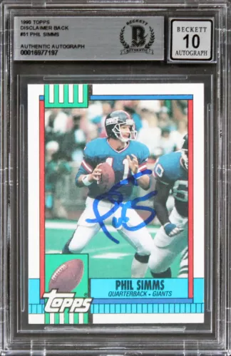 GIANTS PHIL SIMMS SIGNED 1990 TOPPS DISCLAIMER BACK #51 CARD AUTO 10 BAS SLABBED COLLECTIBLE MEMORABILIA