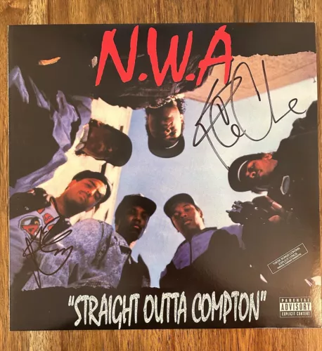 ICE CUBE & DJ YELLA NWA SIGNED STRAIGHT OUTTA COMPTON RECORD VINYL ALBUM PROOF COLLECTIBLE MEMORABILIA