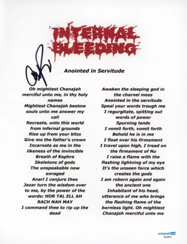 INTERNAL BLEEDING SIGNED AUTOGRAPH LYRIC SHEET ACOA CHRIS PERVELIS METAL BAND
