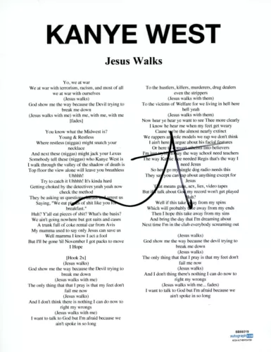 KANYE WEST YE SIGNED AUTOGRAPH JESUS WALKS 8.5×11 SONG LYRIC SHEET ACOA COA COLLECTIBLE MEMORABILIA