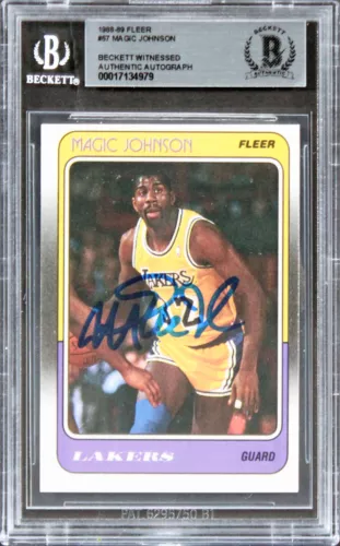 LAKERS MAGIC JOHNSON AUTHENTIC SIGNED 1988 FLEER #67 CARD BAS SLABBED COLLECTIBLE MEMORABILIA