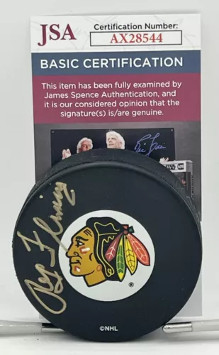Reg Fleming signed Chicago Blackhawks Logo Puck autographed JSA
