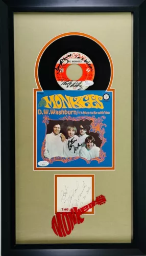 THE MONKEES PETER TORK DAVY JONES M. NESMITH M. DOLENZ FRAMED SIGNED 45 JSA COA COLLECTIBLE MEMORABILIA