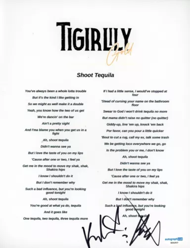 TIGIRLILY GOLD SIGNED AUTOGRAPH SHOOT TEQUILLA LYRIC SHEET ACOA COUNTRY BAND
