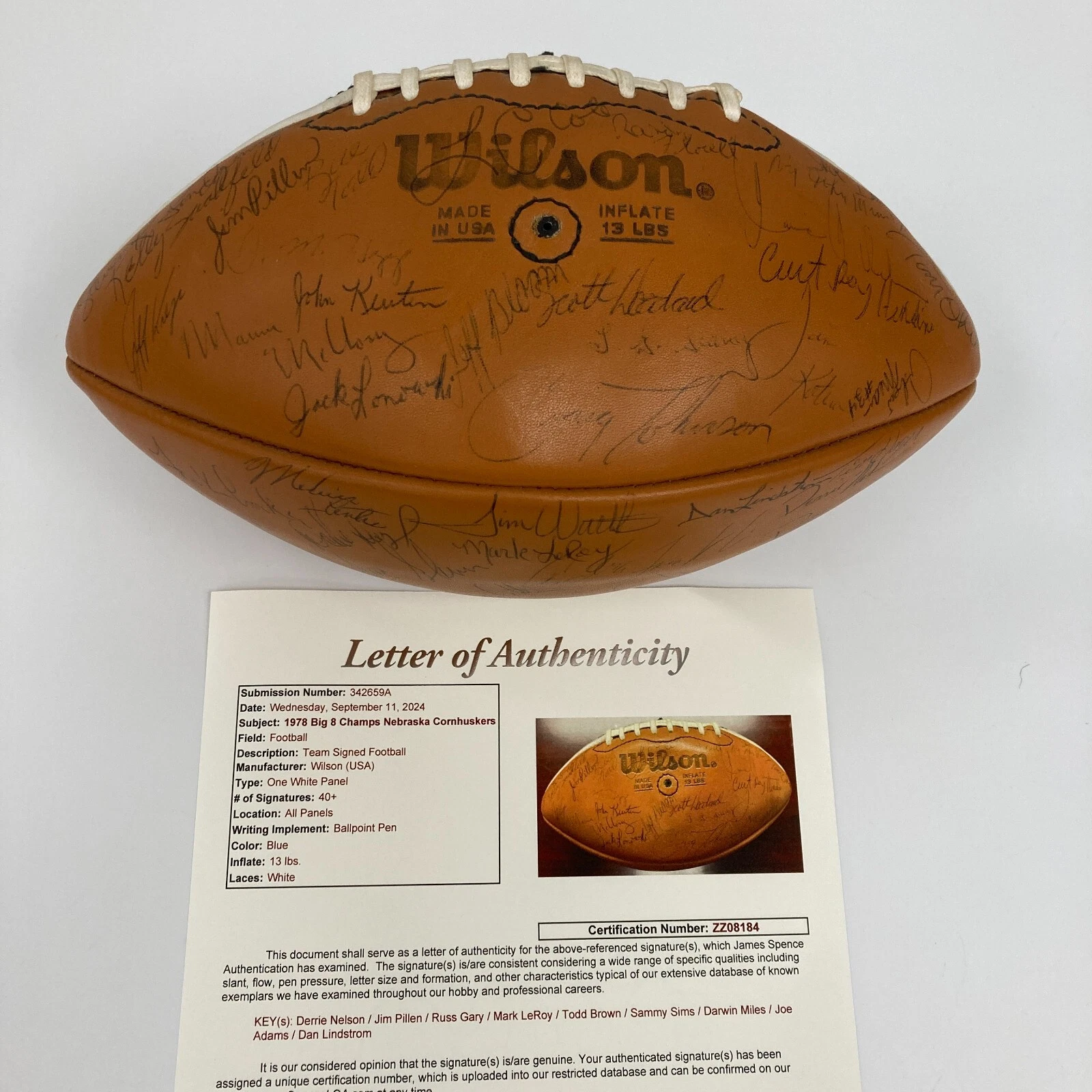 1978 Nebraska Cornhuskers Big 8 Champs Team Signed Football 40+ Sigs JSA COA