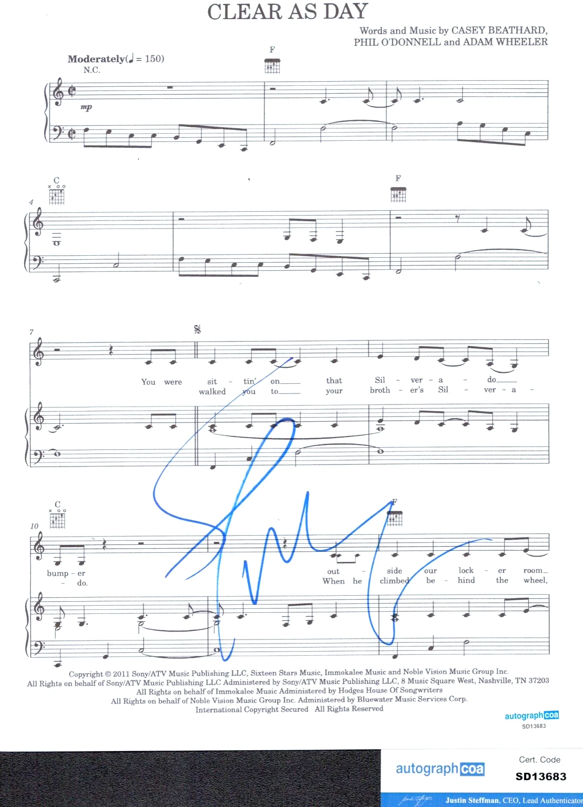 SCOTTY MCCREERY Signed Auto Lyric Sheet Music CLEAR AS DAY ACOA