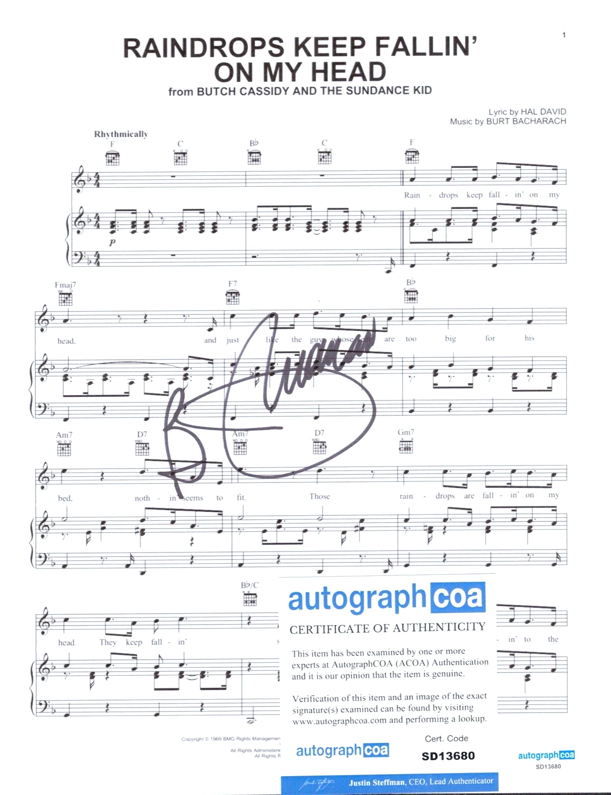 BJ THOMAS Signed Auto Lyric Sheet Music RAINDROPS KEEP FALLIN ON MY HEAD ACOA
