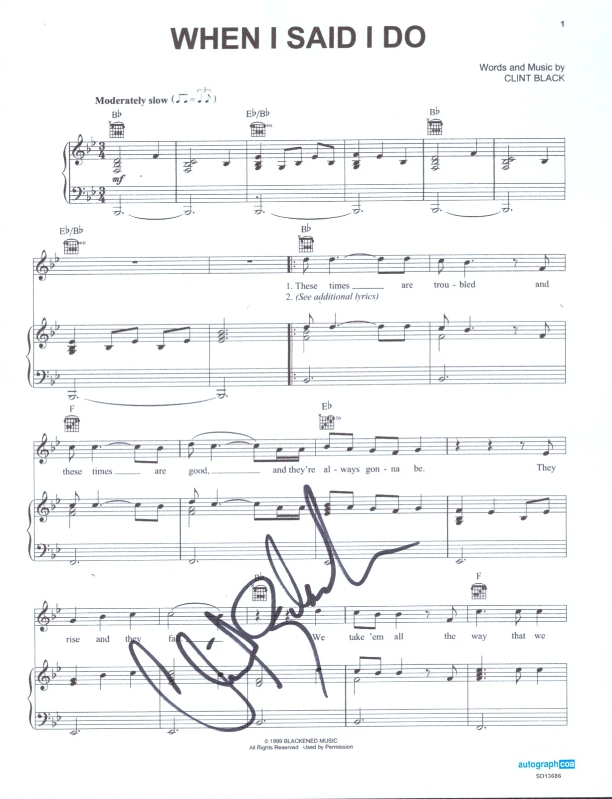 CLINT BLACK SIGNED AUTOGRAPH LYRIC SHEET MUSIC WHEN I SAID I DO ACOA COLLECTIBLE MEMORABILIA