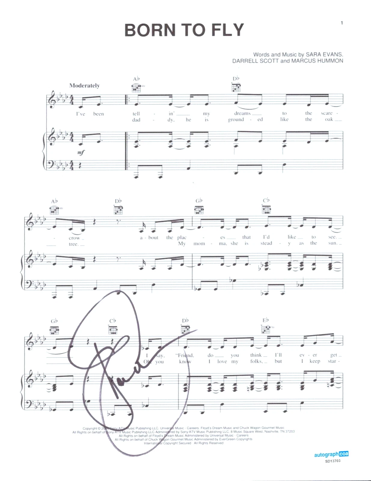 SARA EVANS Signed Autograph Lyric Sheet Music BORN TO FLY ACOA