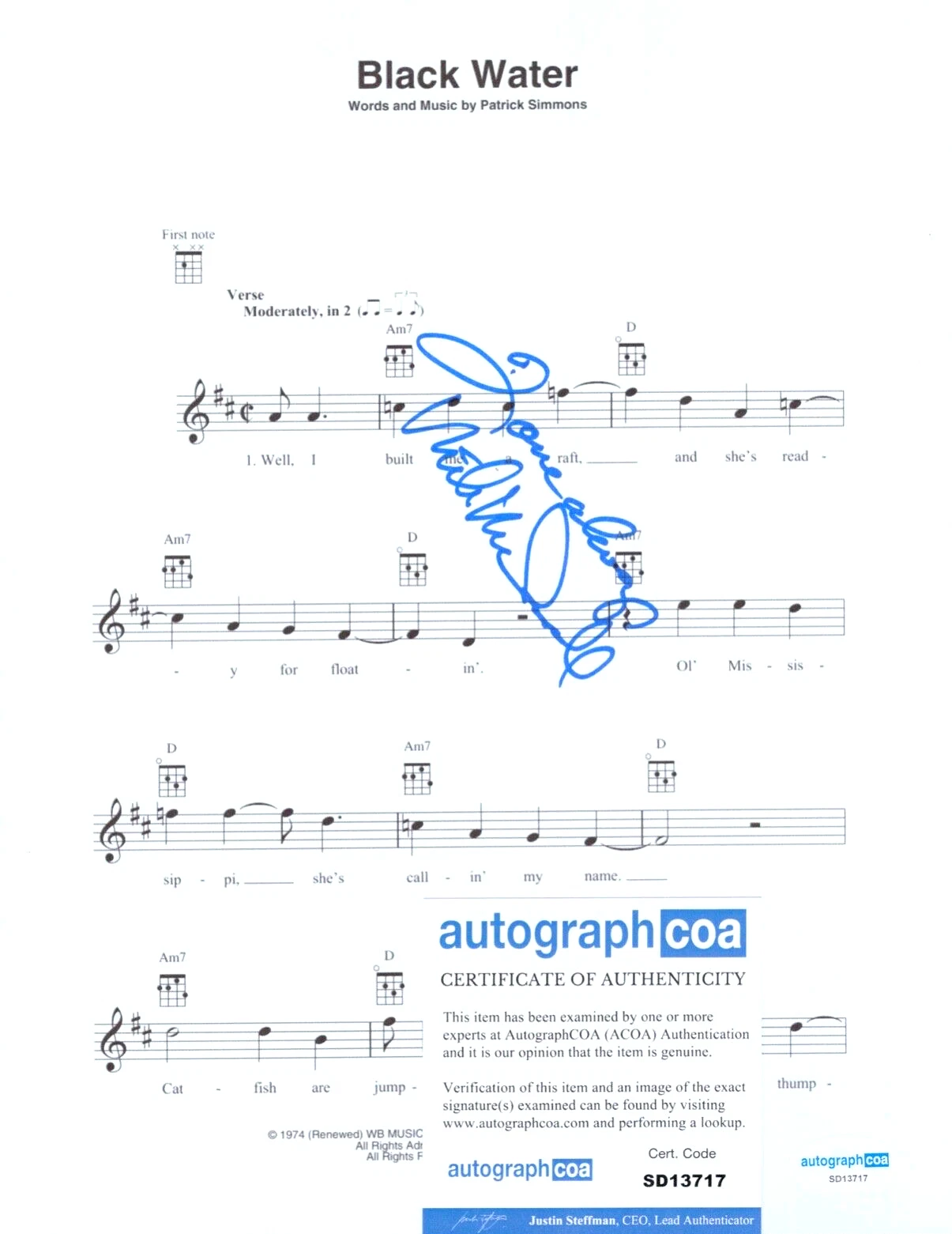 MICHAEL MCDONALD Signed Auto Lyric Sheet Music BLACK WATER ACOA Doobie Brothers