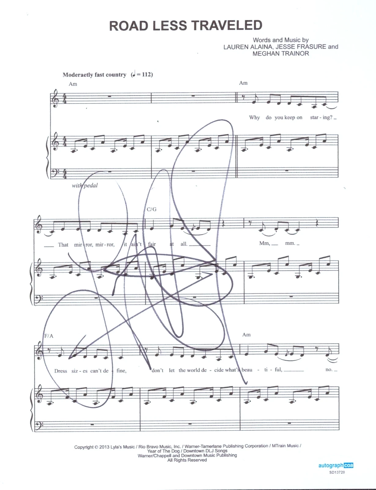 LAUREN ALAINA Signed Autograph Lyric Sheet Music ROAD LESS TRAVELED ACOA