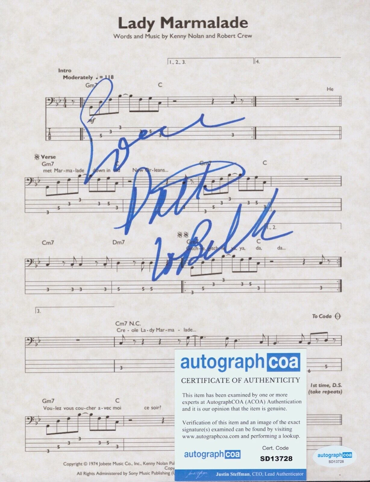 PATTI LABELLE Signed Autograph Lyric Sheet Music LADY MARMALADE ACOA