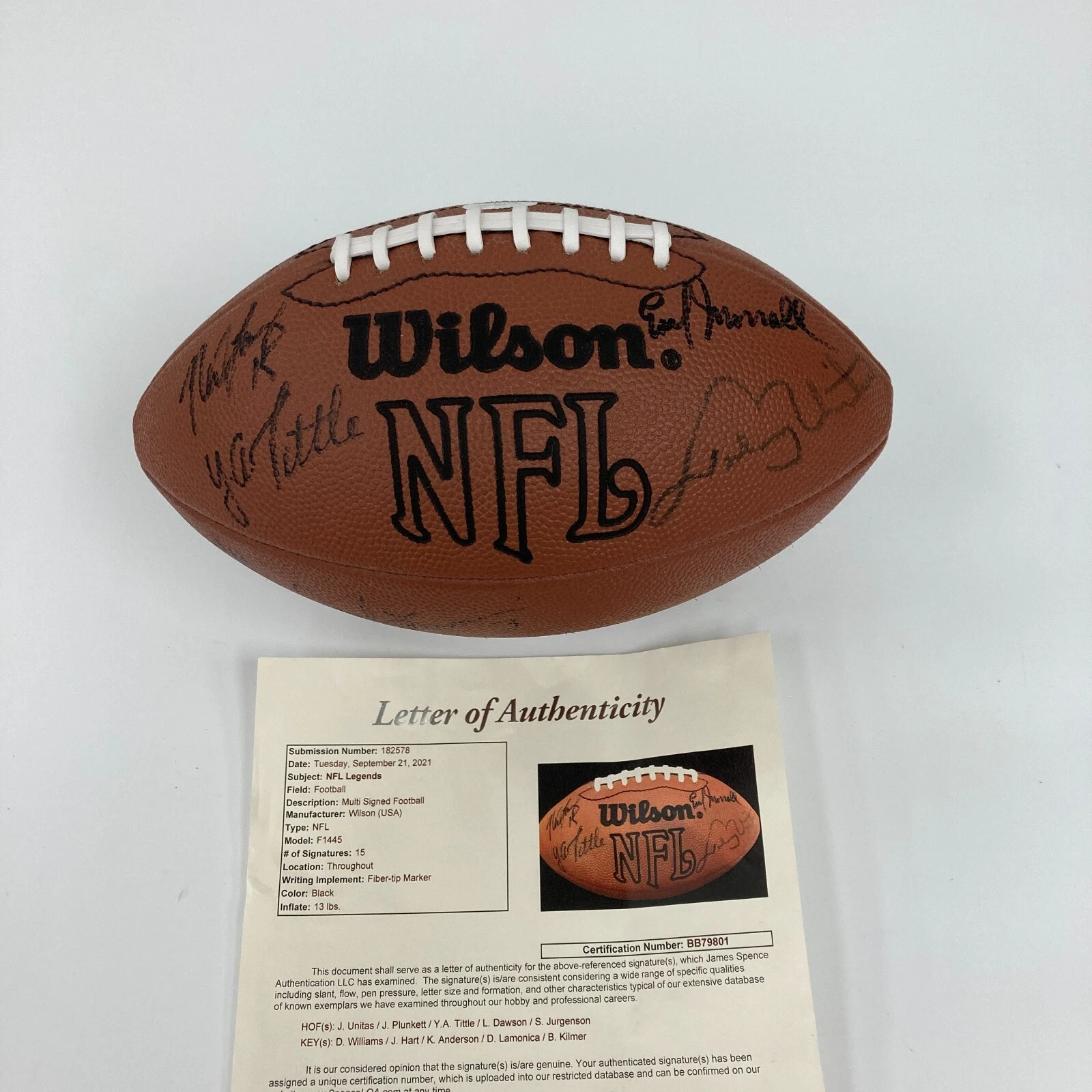 Johnny Unitas Len Dawson Quarterback Legends Signed Football JSA COA