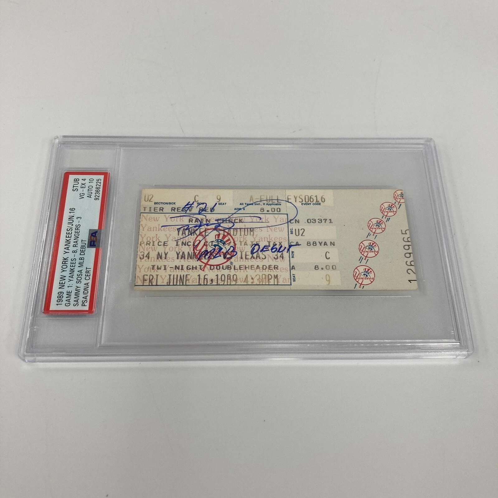 Sammy Sosa Signed 1989 MLB Debut Ticket PSA DNA Auto Grade 10 One Of One 1/1