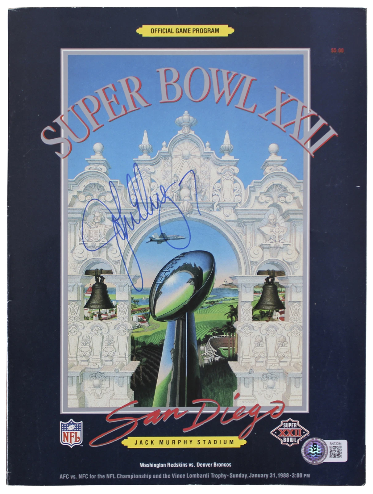 BRONCOS JOHN ELWAY AUTHENTIC SIGNED OFFICIAL SB XXII PROGRAM BAS #BN73284 COLLECTIBLE MEMORABILIA