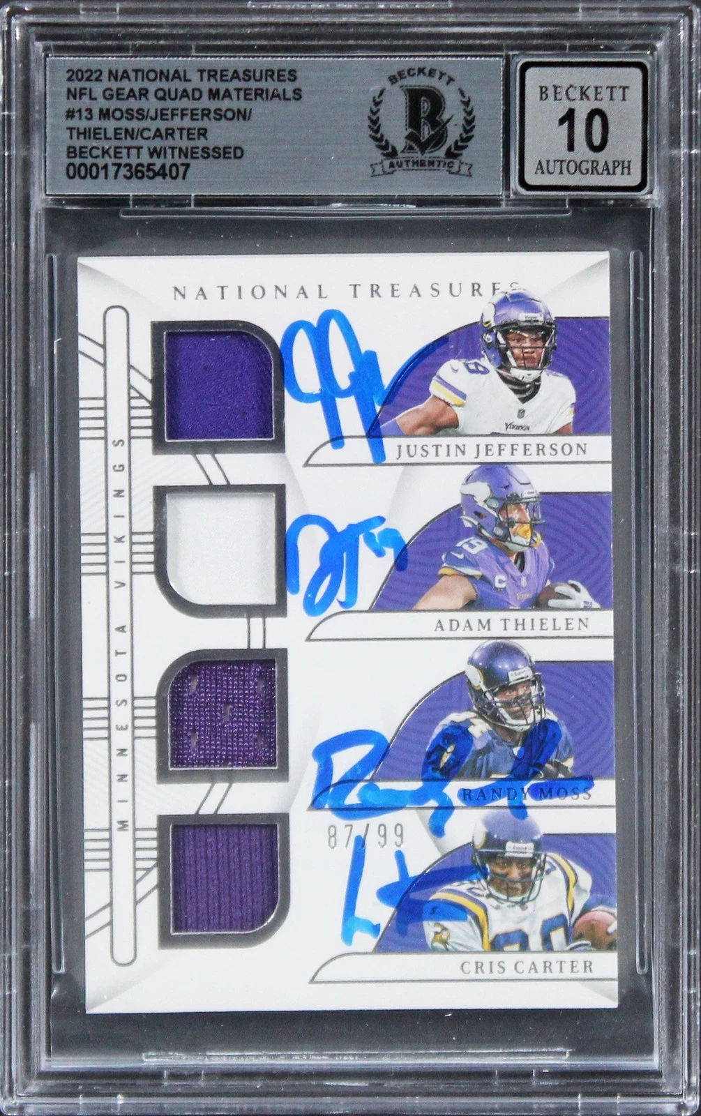 (4) MOSS, CARTER, JEFFERSON & THIELEN SIGNED 2022 NT 87/99 CARD AUTO 10 BAS SLAB COLLECTIBLE MEMORABILIA