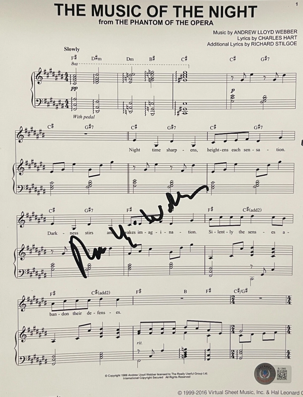 Andrew Lloyd Webber Signed The Music of the Night Sheet Music Phantom of Opera