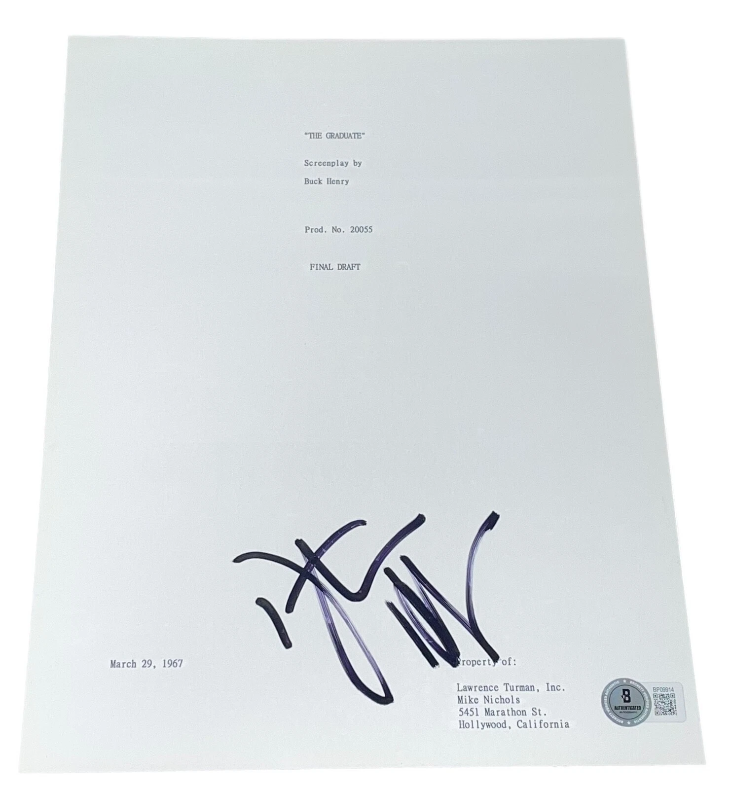 Dustin Hoffman Signed Autograph The Graduate Full Script Screenplay Beckett BAS