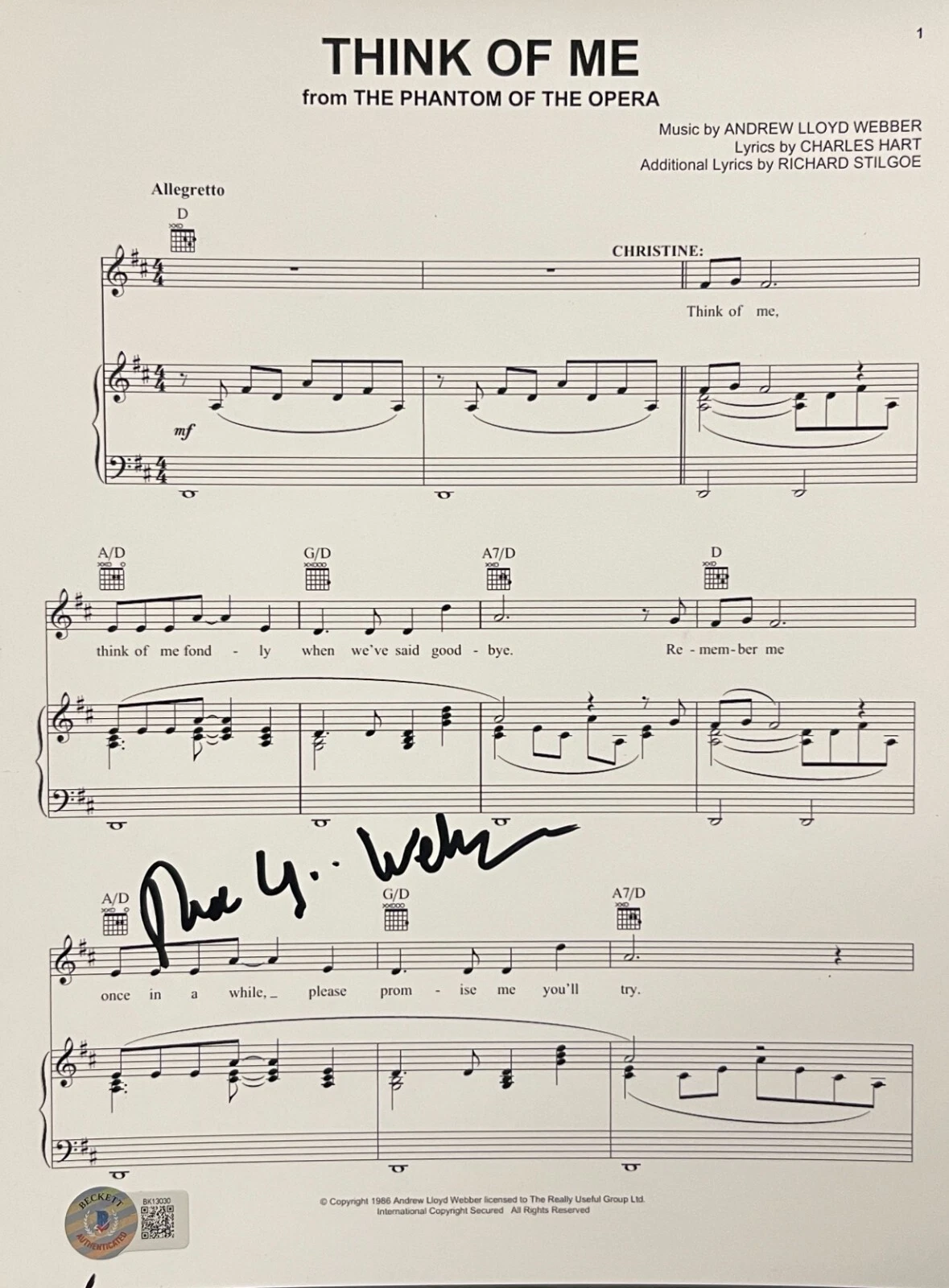 Andrew Lloyd Webber Signed Think of Me Sheet Music Phantom of Opera Beckett