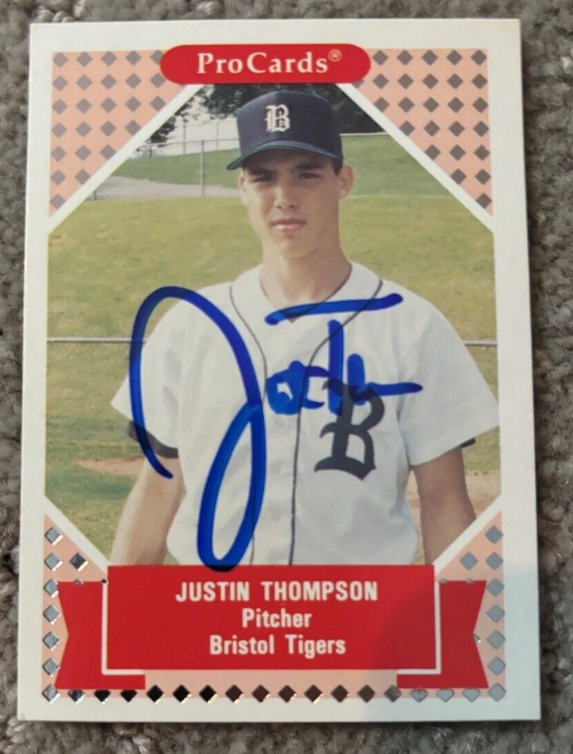 1991 PROCARDS JUSTIN THOMPSON #71 SIGNED AUTOGRAPHED CARD DETROIT BRISTOL TIGERS COLLECTIBLE MEMORABILIA