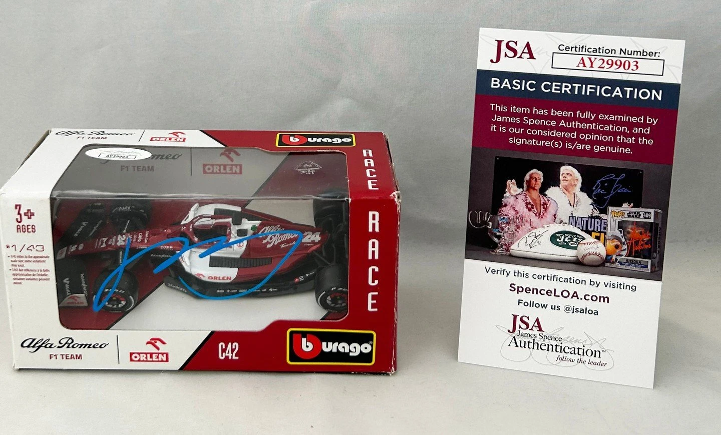 ZHOU GUANYU SIGNED CAR 1:43 ALFA ROMERO F1 FORMULA 1 JSA COA COLLECTIBLE MEMORABILIA