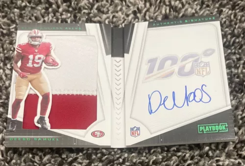 2019 DEEBO SAMUEL PLAYBOOK ON CARD AUTO JUMBO PATCH RC EMERALD BOOKLET 4/25 SSP COLLECTIBLE MEMORABILIA