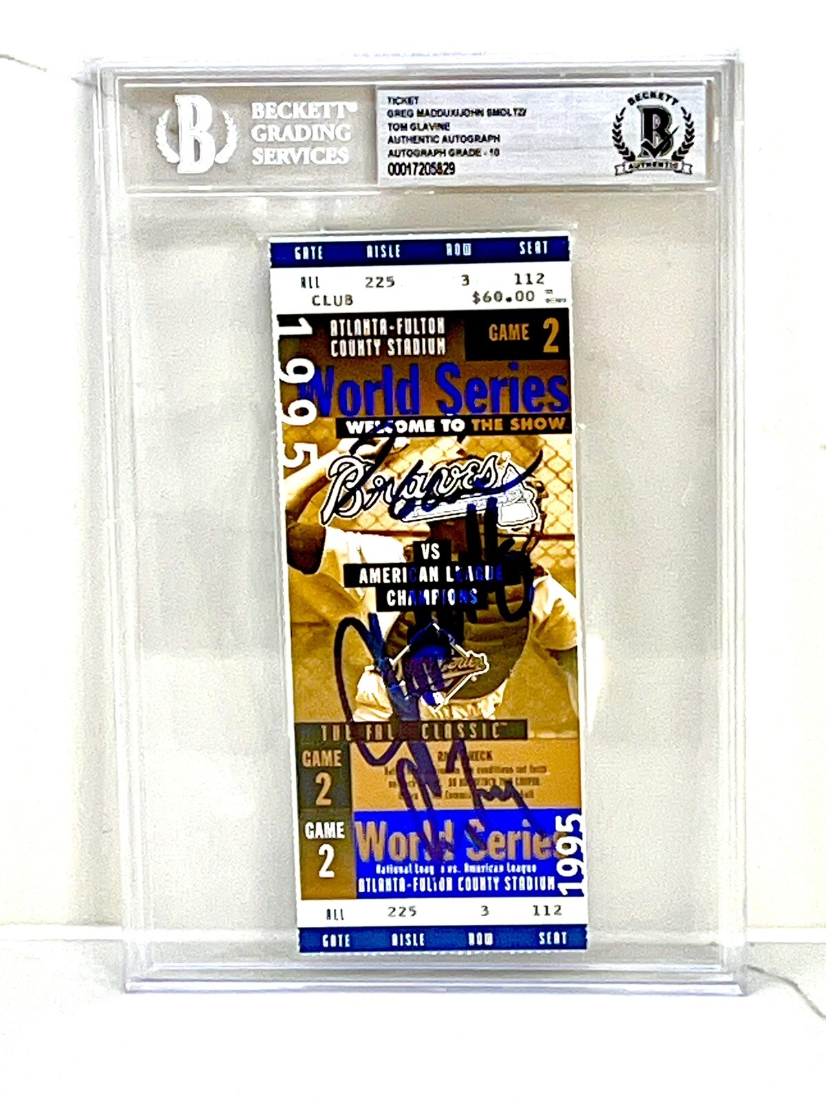Maddux Smoltz Glavine Signed World Series Ticket Baseball Braves Beckett Encap 2