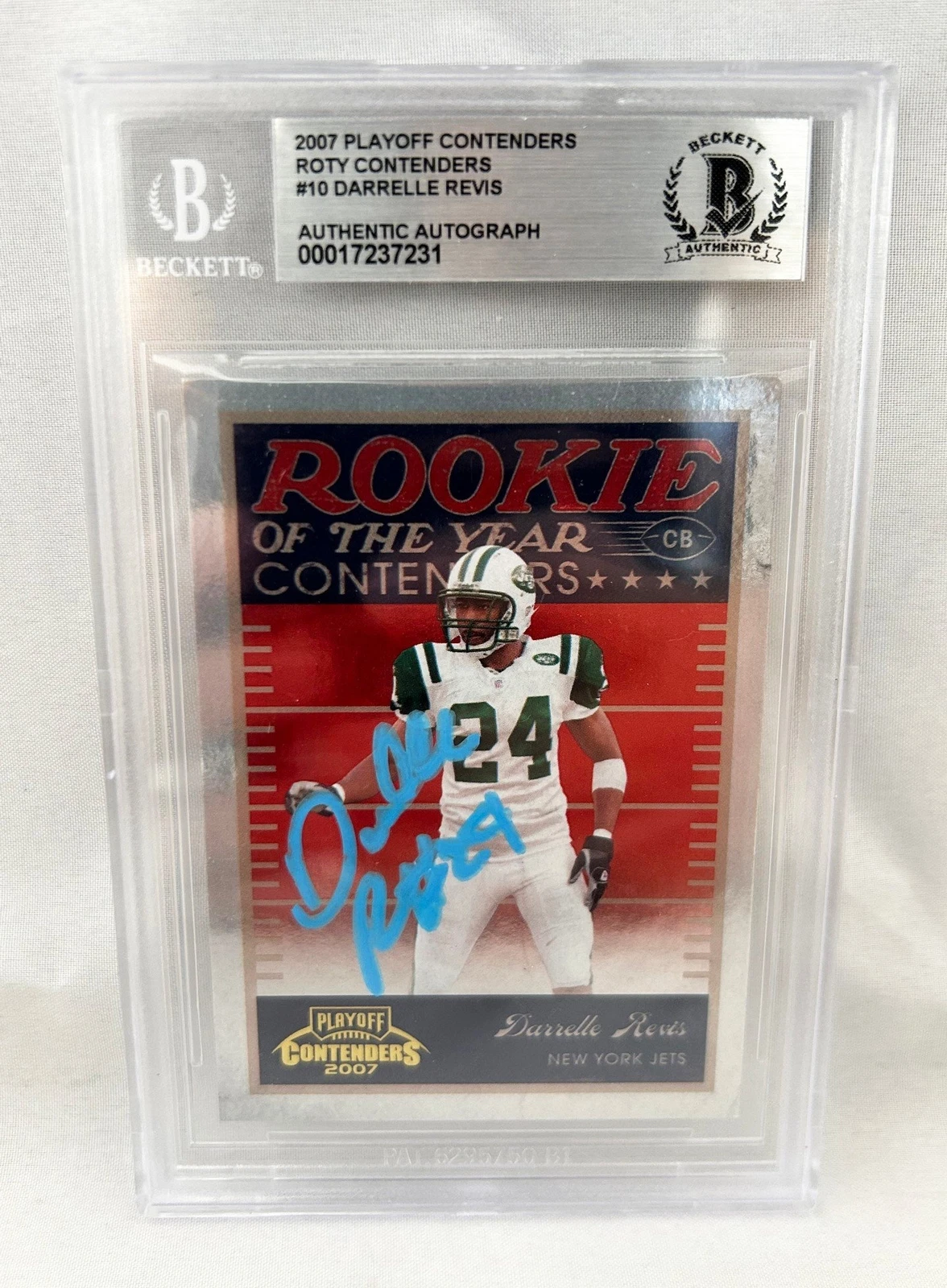 Darrelle Revis Signed Card 2007 Playoff Contenders #10 Beckett BAS COA