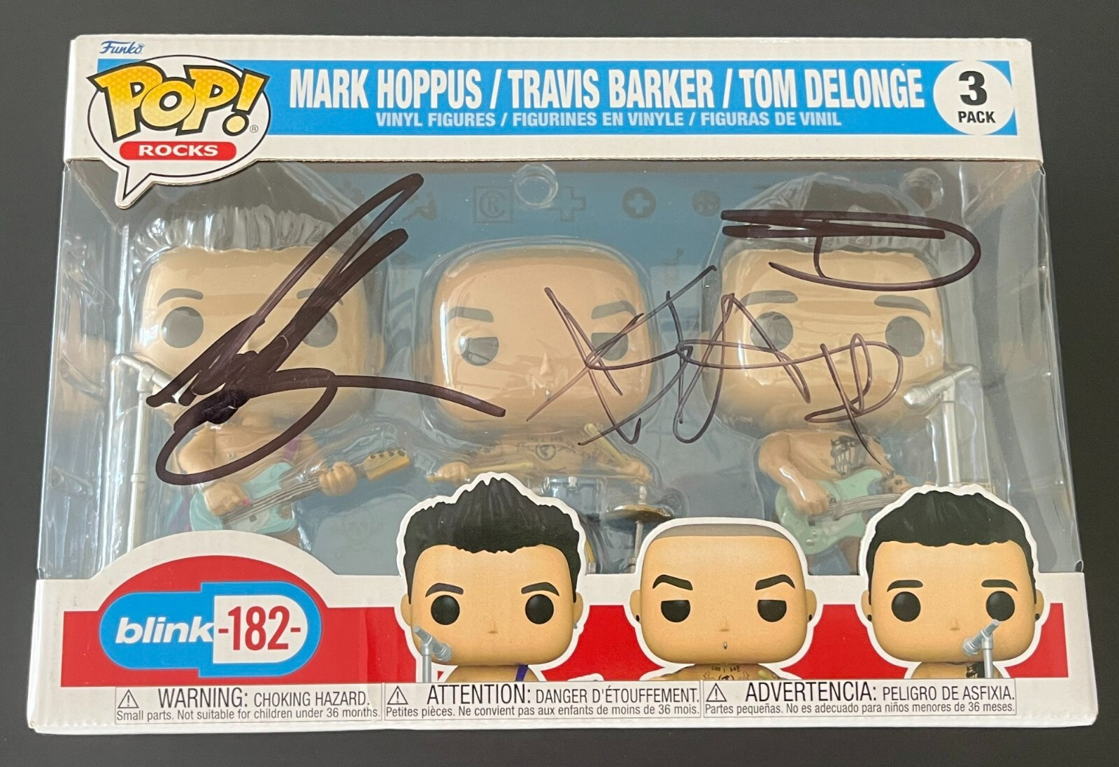 BLINK 182 MARK HOPPUS TOM DELONGE & TRAVIS BARKER SIGNED FUNKO & BECKETT COA LOA