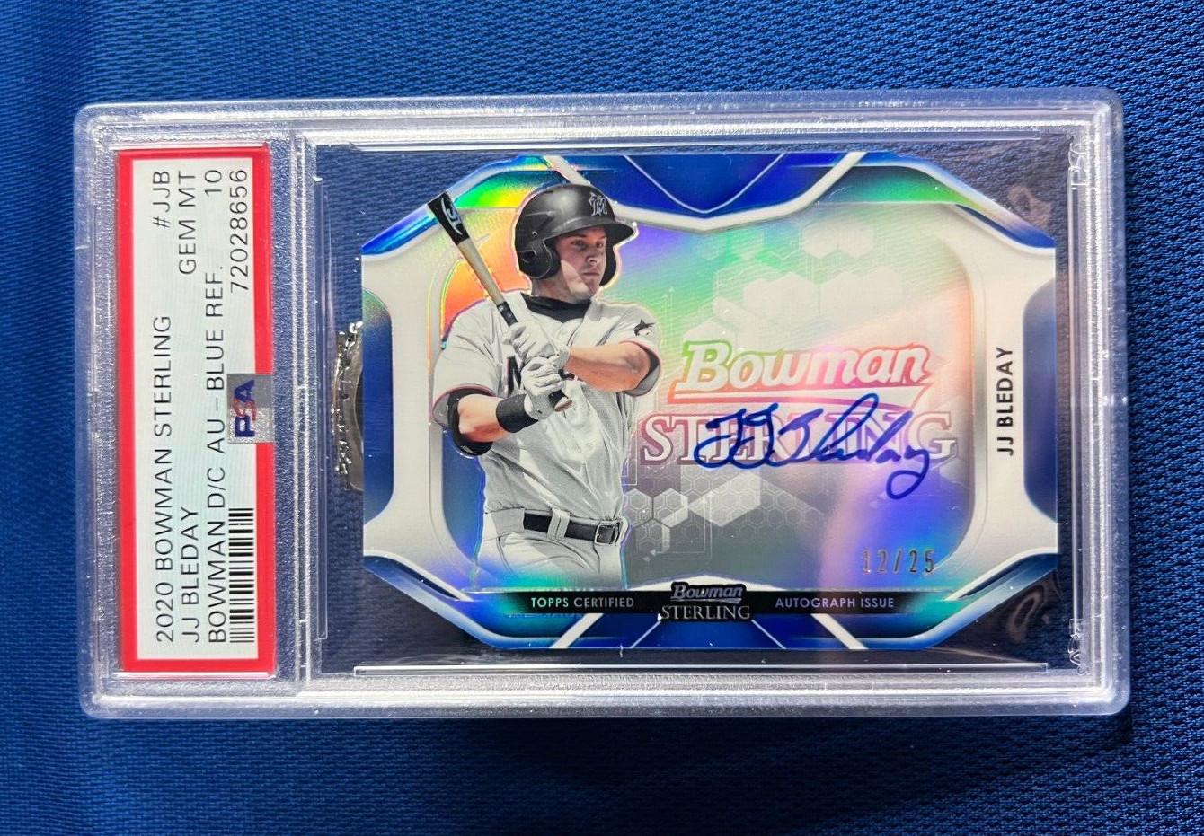 2020 BOWMAN STERLING JJ BLEDAY MARLINS BLUE REF /25 AUTO DIE CUT PSA 10 GEM MT