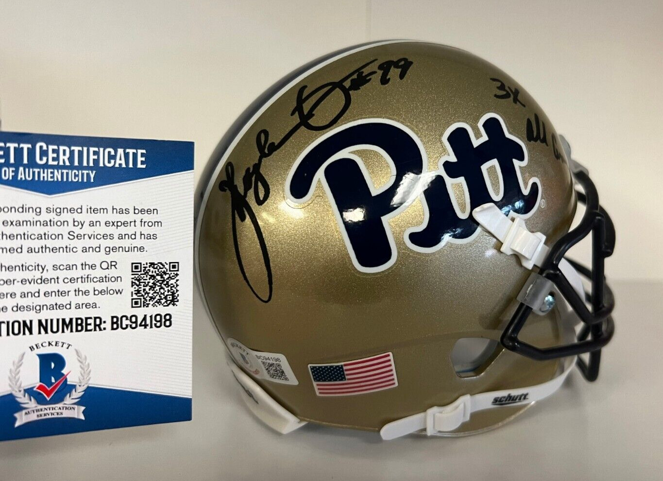 HUGH GREEN PITT PANTHERS SIGNED AUTOGRAPHED AUTO SCHUTT MINI HELMET BECKETT