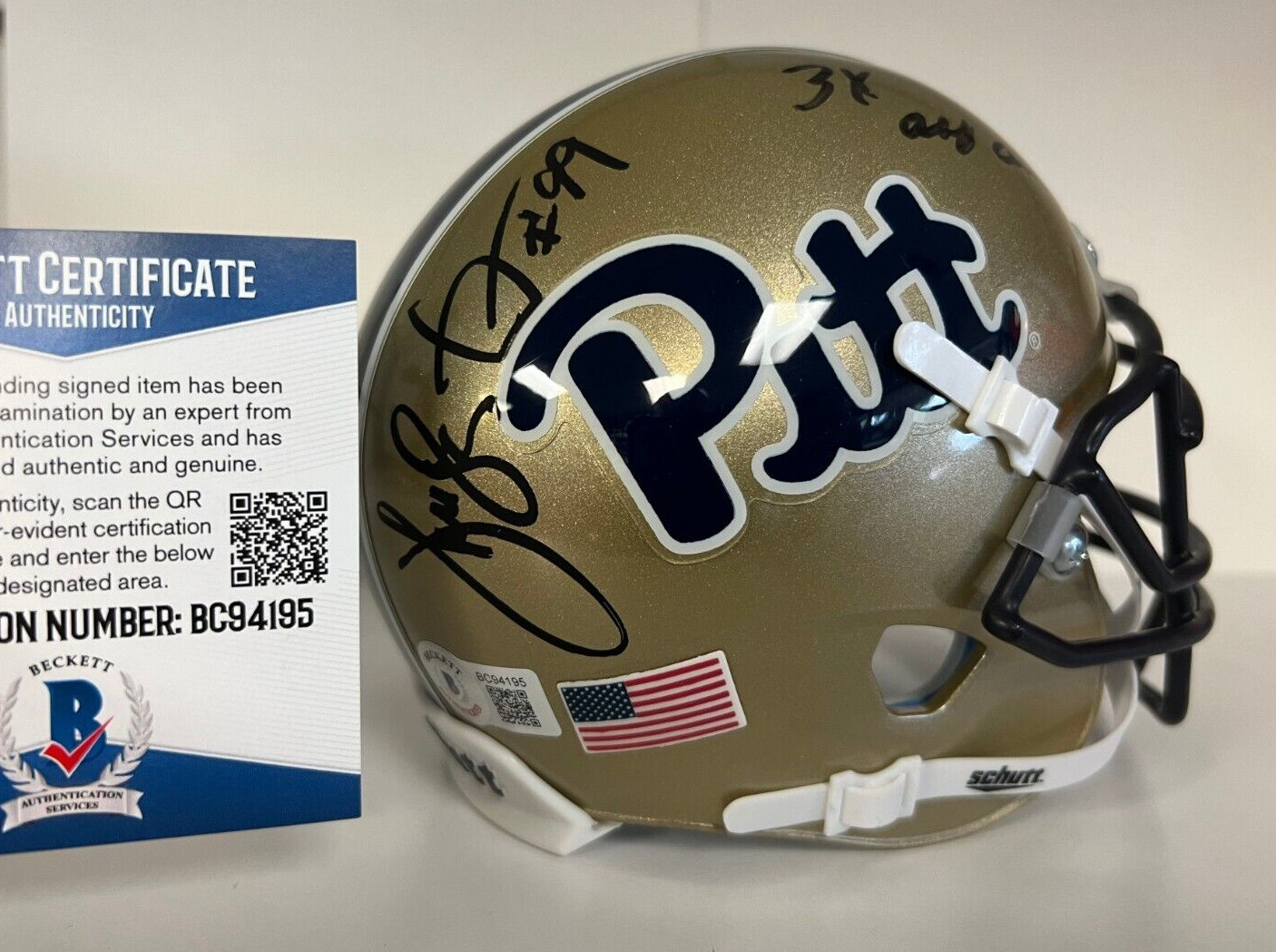 HUGH GREEN PITT PANTHERS SIGNED AUTOGRAPHED AUTO SCHUTT MINI HELMET BECKETT **