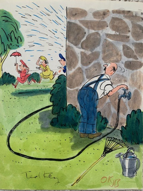 TED KEY SIGNED ORIGINAL 1950's COLOR ARTWORK WATER HOSE HAZEL CARTOONIST