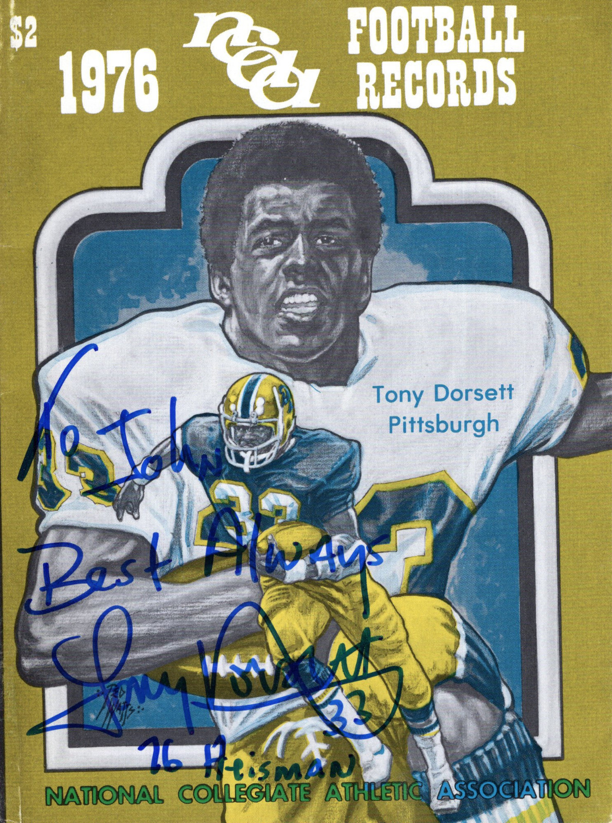 TONY DORSETT HAND SIGNED 1976 NCAA FOOTBALL RECORDS BOOK+COA TO JOHN